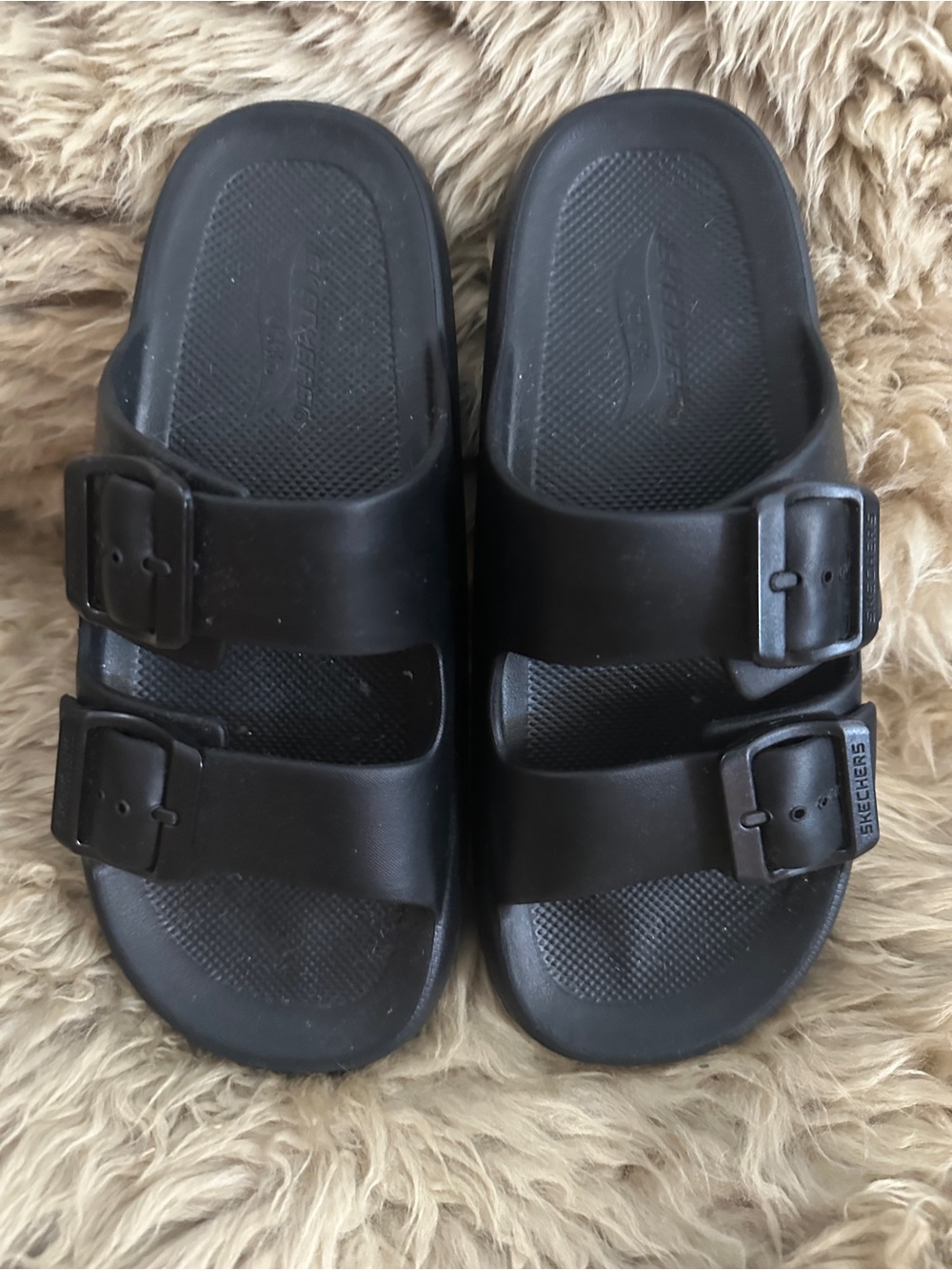 Skechers Matte Black Double-Buckle Slide Sandals